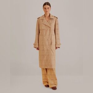 Like New FARM Rio Khaki Pineapple Cotton Eyelet Trench Coat Sz S Oversized $365